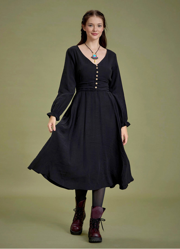 Bohem Tarz Uzun Kollu Siyah Elbise 4827